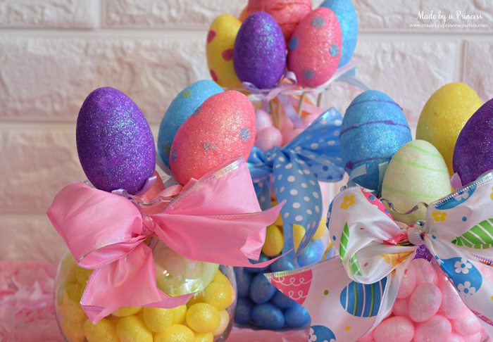 Creative Dollar Store Easter Centerpiece Tutorial yellow mini eggs and eggs on sticks