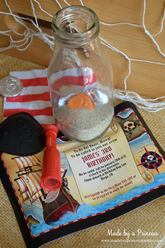 Pirate Bottle Invitations Party Idea birthday invite from birthday in a box and place in glass milk bottle