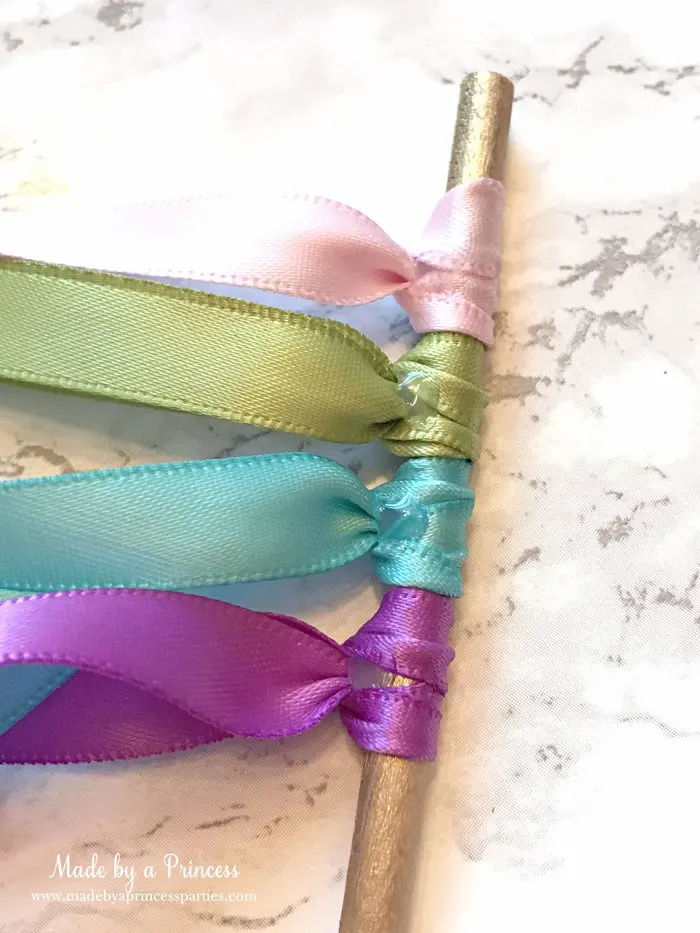 Unicorn Ribbon Wand Party Idea Tutorial glue ribbon to secure