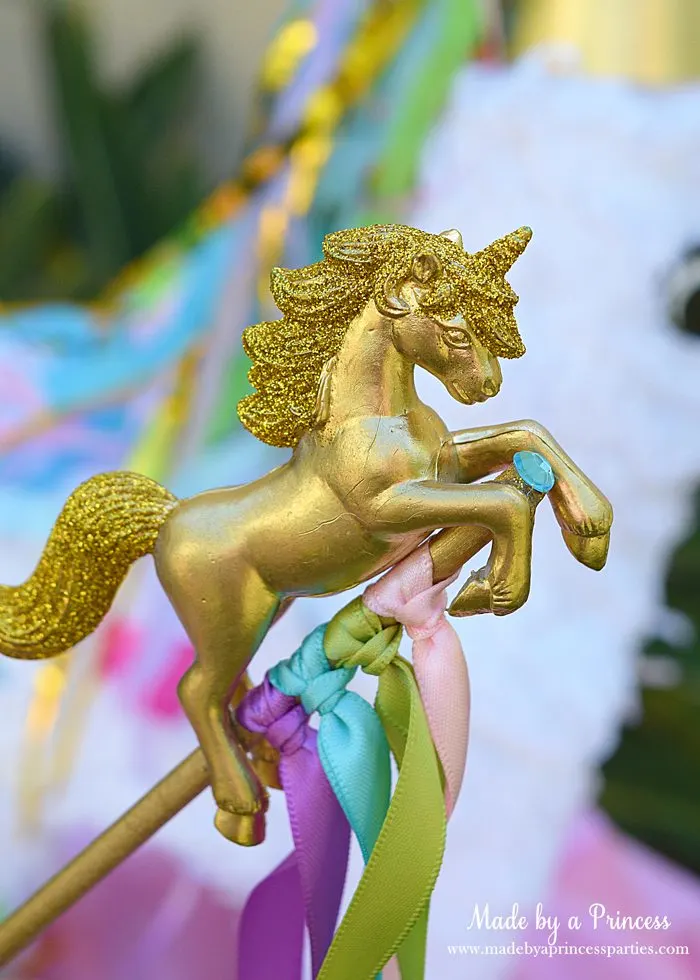 Unicorn Ribbon Wand Party Idea Tutorial spray paint gold add glitter and ribbons