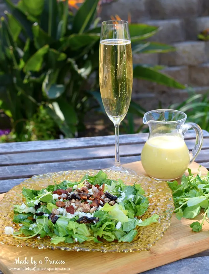 Fig Candied Pecan Gorgonzola Salad Honey Champagne Vinaigrette with champagne salad dressing and side of watercress