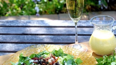 sachin and babi light blue dress Fig Candied Pecan Gorgonzola Salad Honey Champagne Vinaigrette