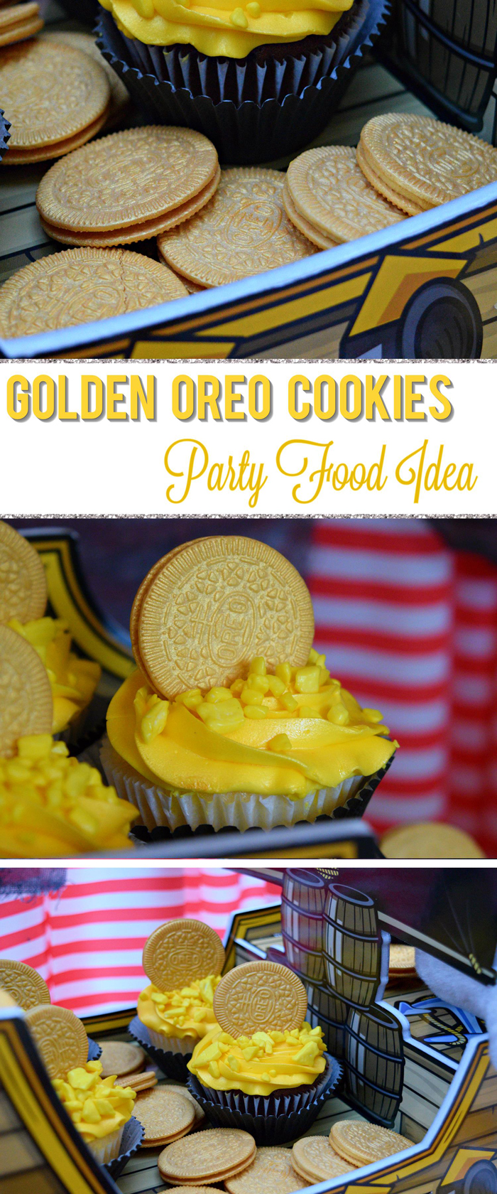 Gold Covered OREO Cookies Party Food Idea pin it