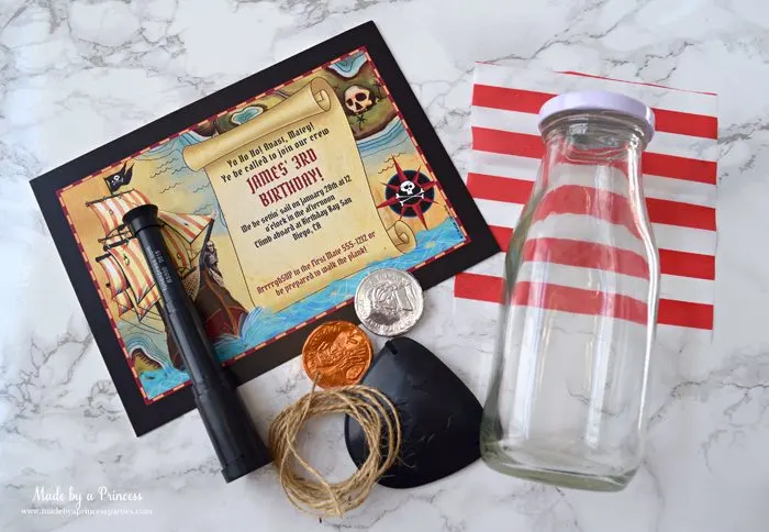 Pirate Bottle Invitations Party Idea supplies invite glass bottle gum coins twine eye patch scope 