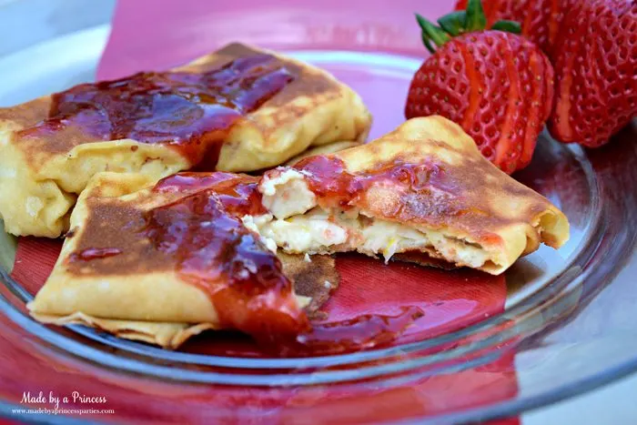 Savory Strawberry Preserves Toasted Coconut Almond Chicken Blintz Recipe filled with ricotta cream cheese and lemon zest 
