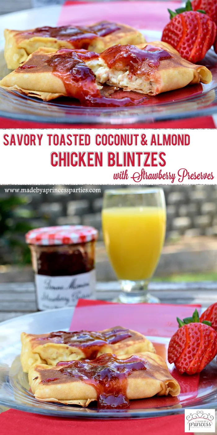 Savory Strawberry Preserves Toasted Coconut Almond Chicken Blintz Recipe pin it