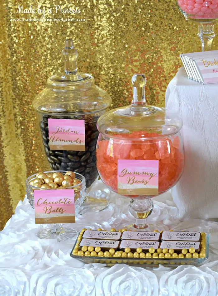 Pink Gold Party Candy Buffet Label almonds gummy bears chocolate balls