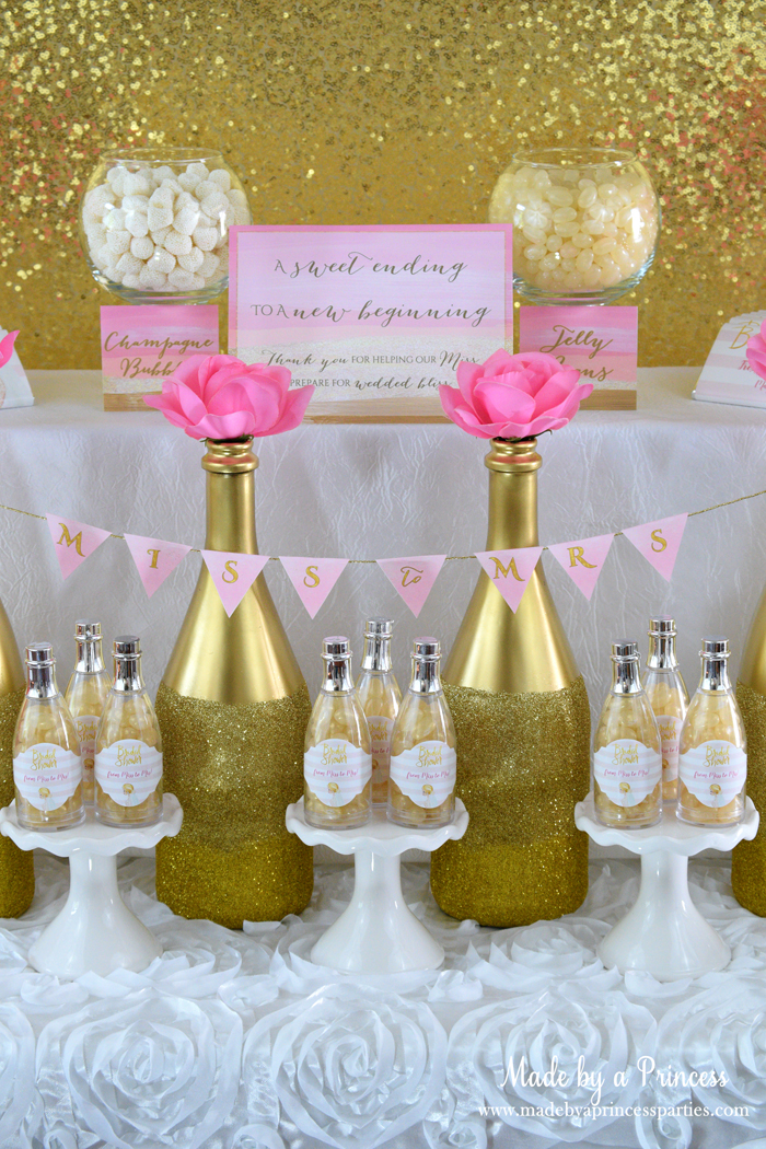 Pink Gold Party Candy Buffet glitter bottles and champs bottles