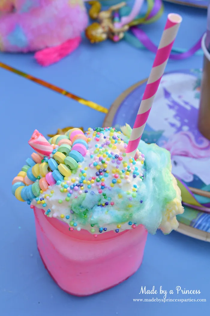 Cotton Candy Unicorn Milkshake Party Food Recipe pink candy stick with candy necklace pink straw