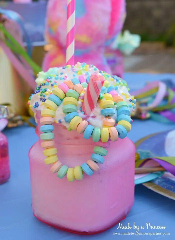 Cotton Candy Unicorn Milkshake Party Food Recipe pink candy stick with candy necklace