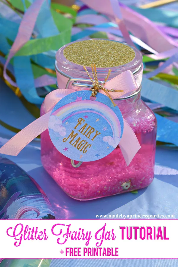Glitter Fairy Jar Party Idea Tutorial perfect for a unicorn or fairy party #unicornparty #fairyparty #partyfavor #fairymagic #unicornmagic @madebyaprincess