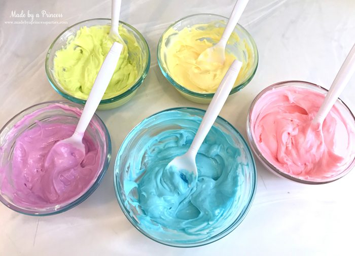 Unicorn Party Rainbow Marshmallow Cream Cheese Fruit Dip Recipe bowls of colored fluff