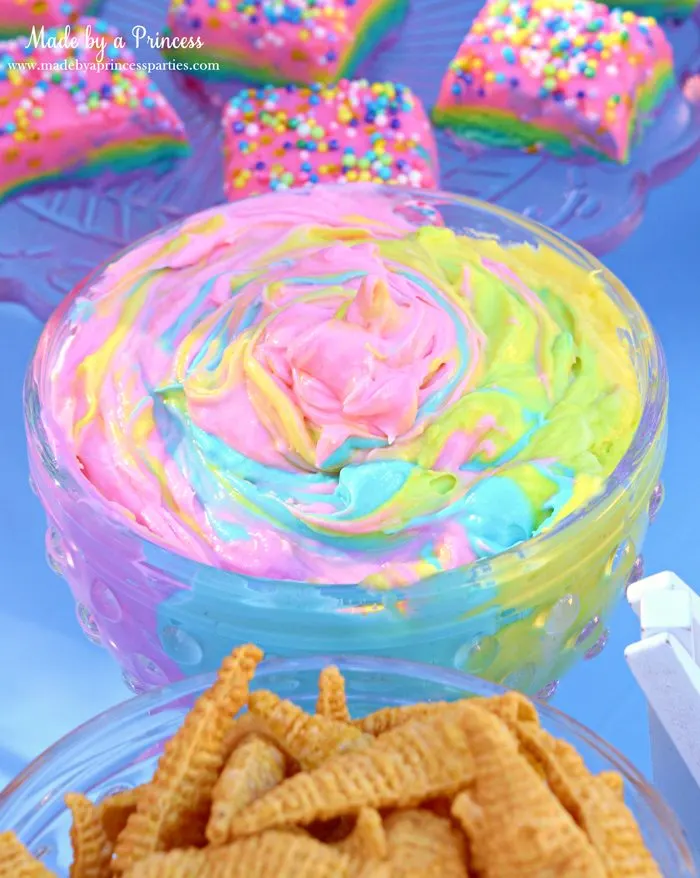 Unicorn Party Rainbow Marshmallow Cream Cheese Fruit Dip Recipe mix colors to make a swirled rainbow