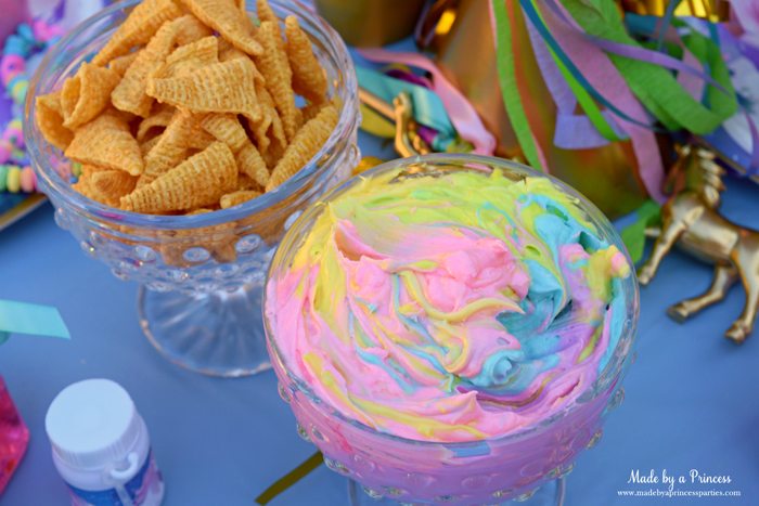 Unicorn Party Rainbow Marshmallow Cream Cheese Fruit Dip Recipe serve with bugles spray painted gold