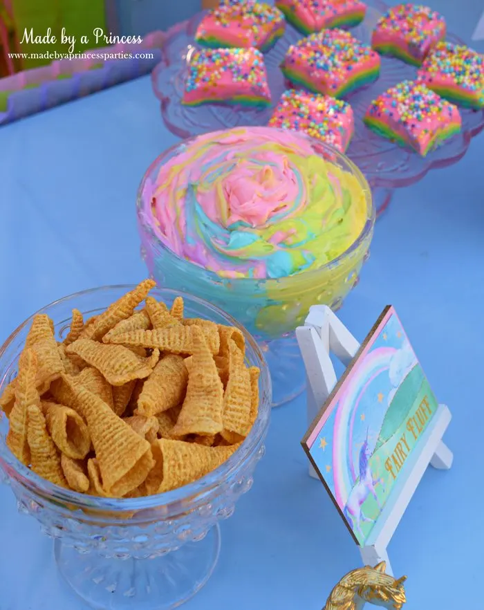 Unicorn Party Rainbow Marshmallow Cream Cheese Fruit Dip Recipe use edible spray paint to make bugles gold