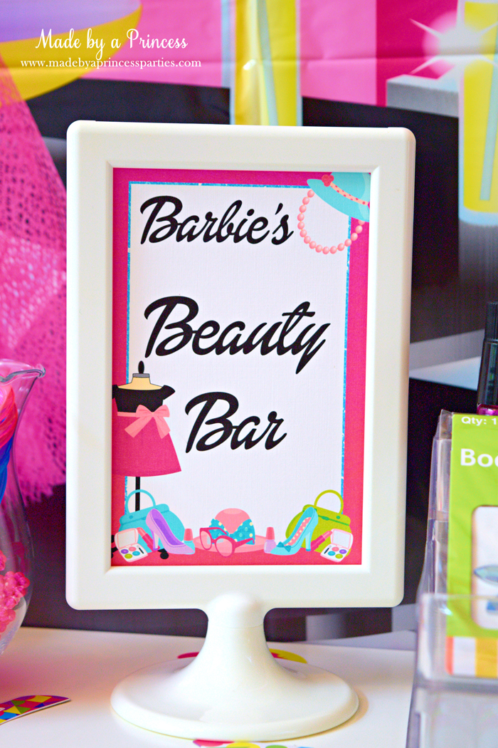 Fashionista Barbie Party Ideas Barbie Beauty Bar Sign - Made by a Princess #barbie #barbieparty #beautybar