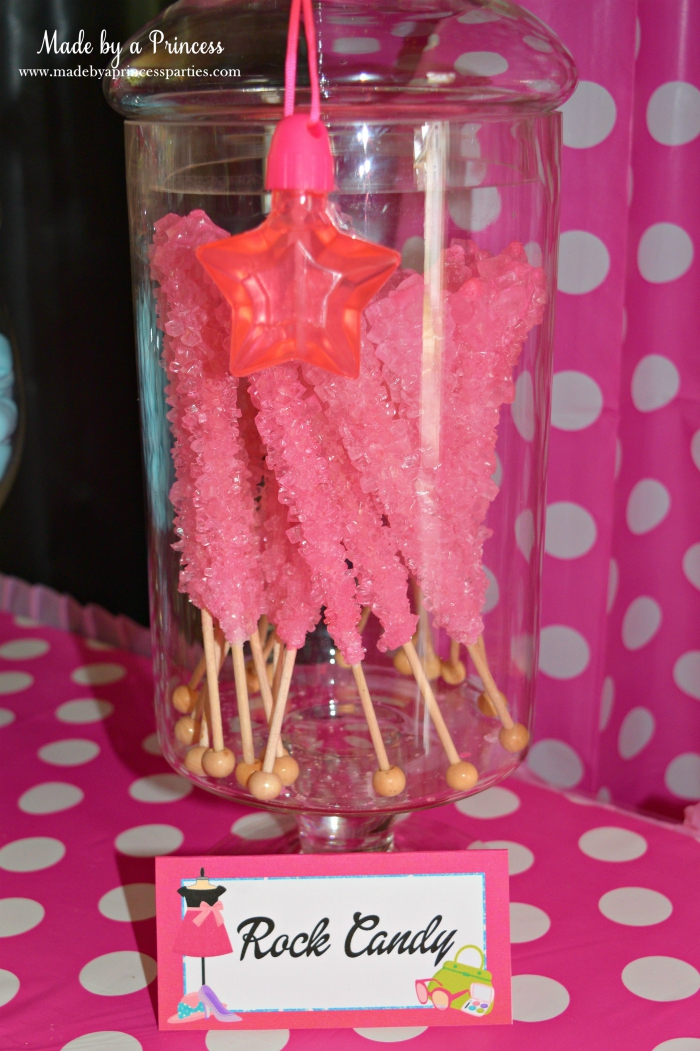 Fashionista Barbie Party Ideas Pink Rock Candy - Made by a Princess #barbie #barbieparty