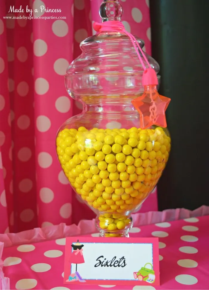 Fashionista Barbie Party Ideas Yellow Sixlets for Candy Buffet - Made by a Princess #barbie #barbieparty