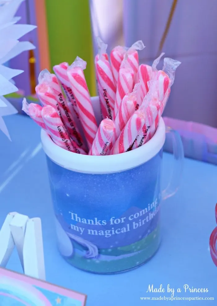 Unicorn Party Ideas Candy Sticks in Custom Mug - Made by a Princess #unicorn #unicornparty