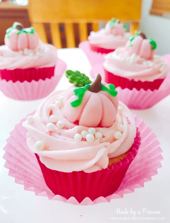 Pink Pumpkin Halloween Party Ideas pink cupcakes Made by a Princess #pinkparty #pinkoween #pinkpumpkinparty