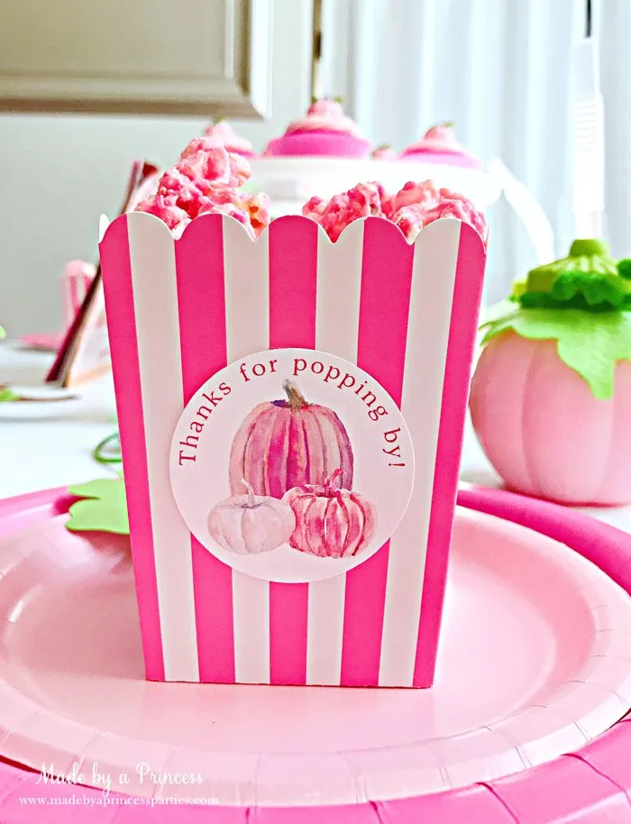Pink Pumpkin Halloween Party Ideas pink popcorn Made by a Princess #pinkparty #pinkoween #pinkpumpkinparty