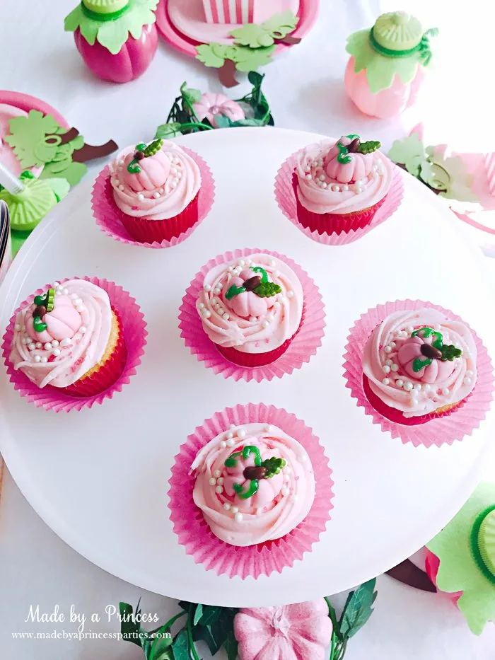 Pink Pumpkin Halloween Party Ideas platter of pink cupcakes Made by a Princess #pinkparty #pinkoween #pinkpumpkinparty