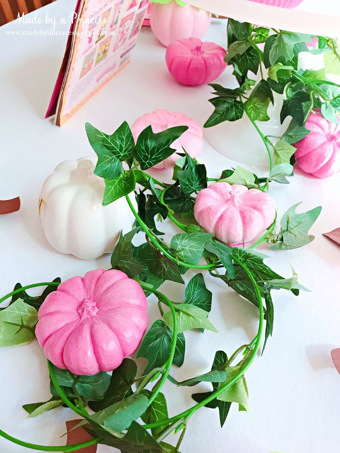 Pink Pumpkin Halloween Party Ideas vines and pink pumpkins Made by a Princess #pinkparty #pinkoween #pinkpumpkinparty