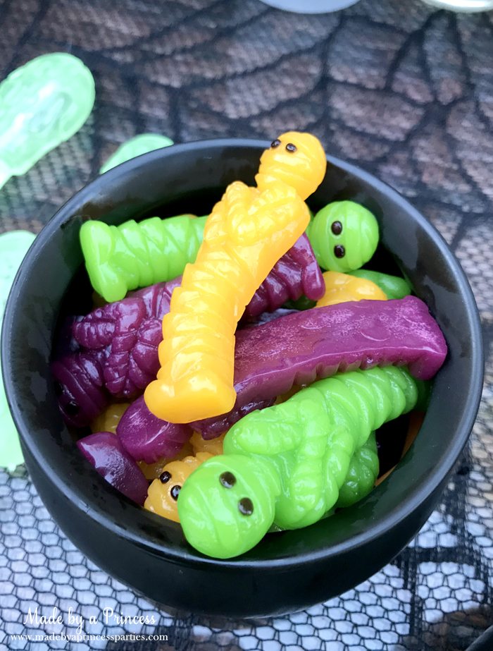 Teen Halloween Party Ideas gummy mummies Made by a Princess #halloweenparty #teenhalloween