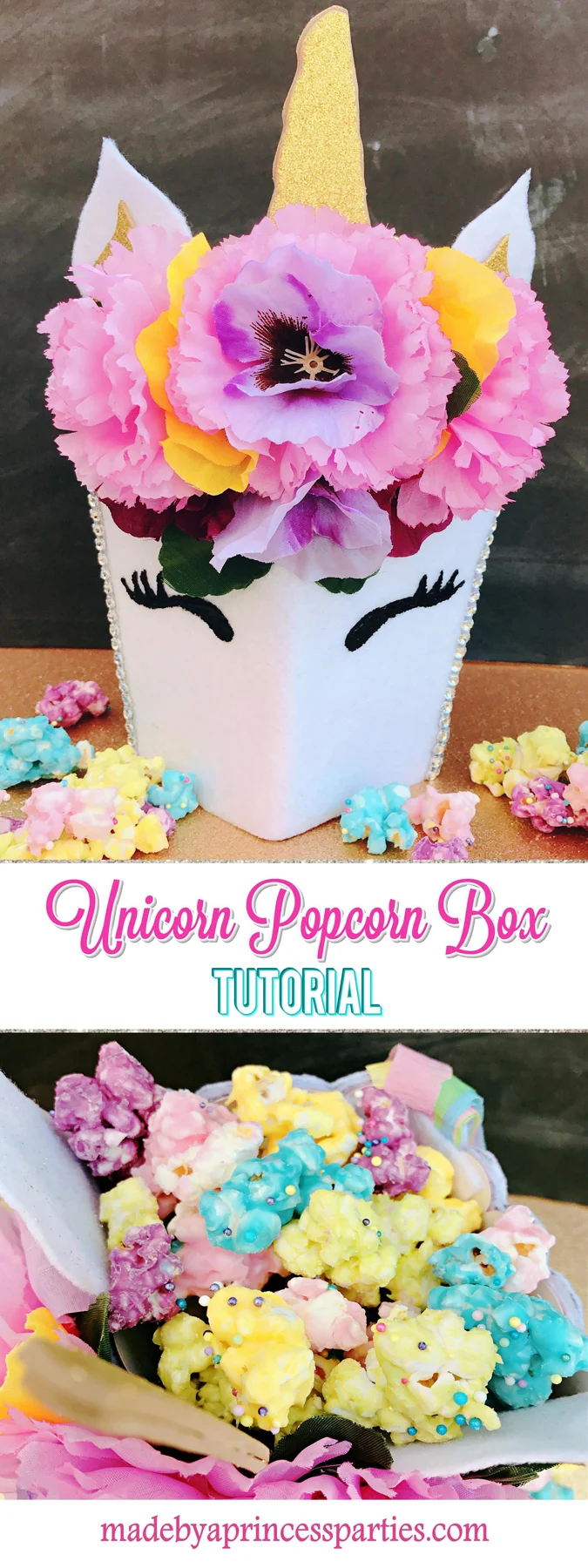 Unicorn Popcorn Box Tutorial Pin it for later @madebyaprincess #popcornboxparty2017