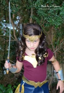 DIY Wonder Woman Movie Halloween Costume with sword from Oriental Trading MadebyaPrincess #halloweencostume #wonderwoman #galgadot #wonderwomancostume