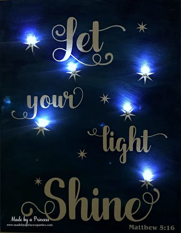 School Auction Art Piece Let Your Light Shine painted canvas with vinyl and LED lights shining