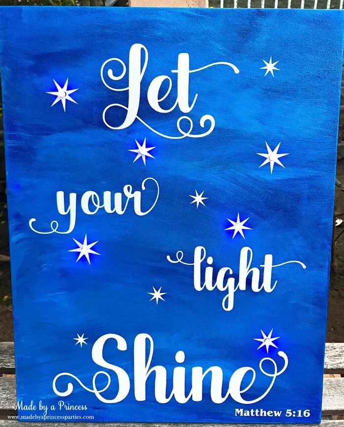 School Auction Art Piece Let Your Light Shine painted canvas with vinyl and LED lights