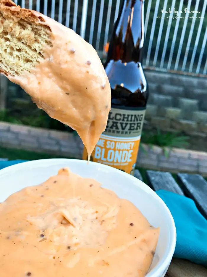 Creamy Beer Cheese Dip Recipe with Belching Beaver Me So Honey Blonde Beer and honey mustard dijon @madebyaprincess #beerdip #beercheesedip #footballsnacks #gamedaysnacks