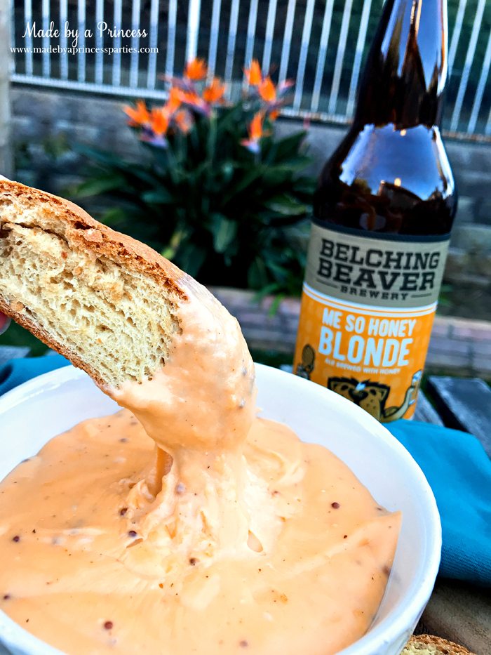 Creamy Beer Cheese Dip Recipe with Belching Beaver Me So Honey Blonde Beer served with fresh sourdough bread @madebyaprincess #beerdip #beercheesedip #footballsnacks #gamedaysnacks