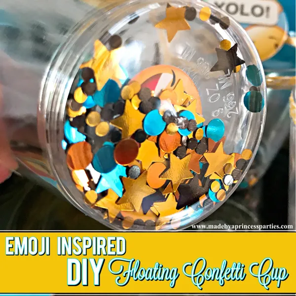 DIY Floating Confetti Sparkle Cup Emoji party cup #emojiparty #emoji #partycup #glittercup @madebyaprincess