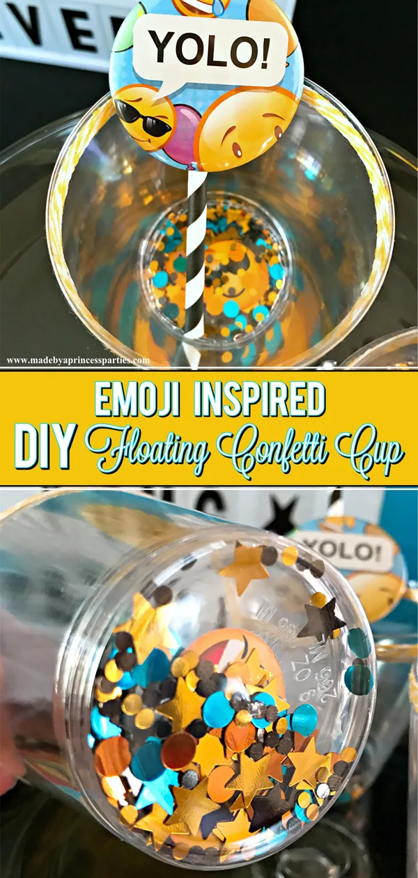 DIY Floating Confetti Sparkle Cup add confetti to clear cups for a sparkly surprise #emojiparty #emoji #partycup #glittercup @madebyaprincess