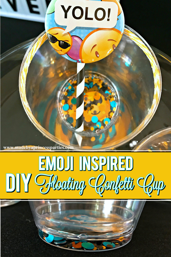 DIY Floating Confetti Sparkle Cup perfect for an Emoji party #emojiparty #emoji #partycup #glittercup @madebyaprincess