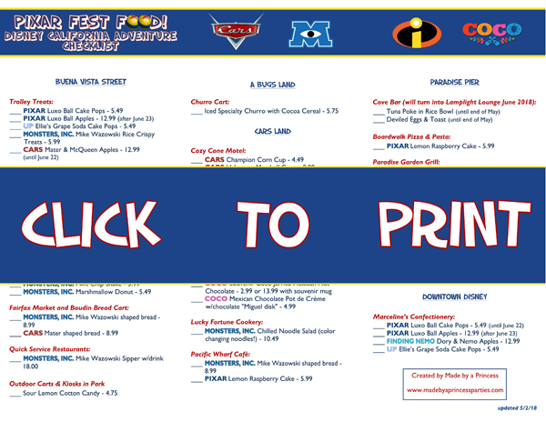 Disney California Adventure Pixar Fest Food Checklist @madebyaprincess #pixarfestfood #pixarfest 