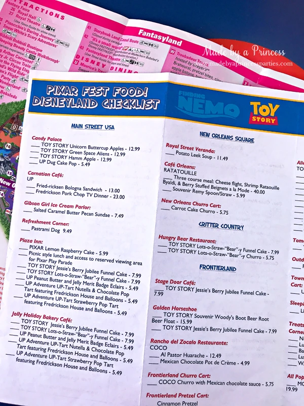 Disneylands Best Pixar Fest Food Checklist complete list of fun food #disneylandfood #disneyfood #pixarfest #madebyaprincess