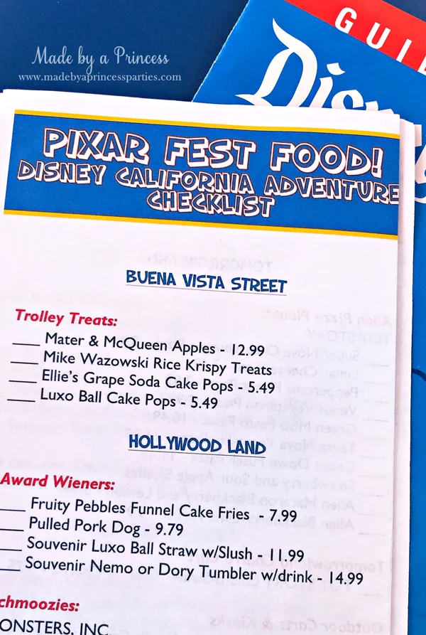 Disneylands Best Pixar Fest Food Checklist includes both Disneyland and California Adventure #disneylandfood #disneyfood #pixarfest #madebyaprincess