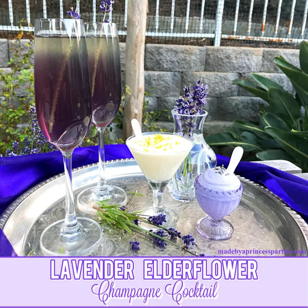 Lavender Elderflower Champagne Cocktail served with a light and fluffy lavender or elderflower mousse