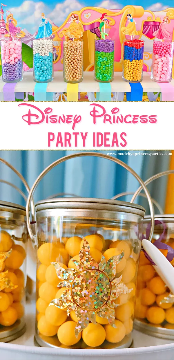 Disney Princess Party Ideas set up a candy buffet in colors that represent each princess