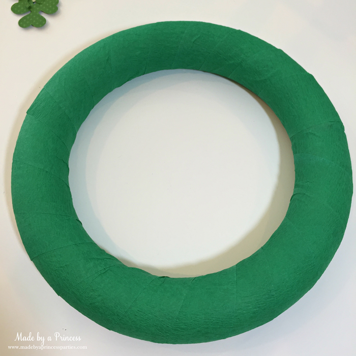 DIY Easy St Patricks Day Shamrock Wreath cover foam ring with crepe paper