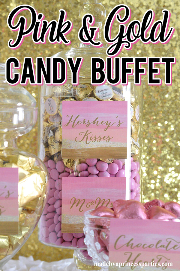 Pink and Gold Party Candy Buffet Ideas fill glass apothecary jars with shimmery pink and gold candy