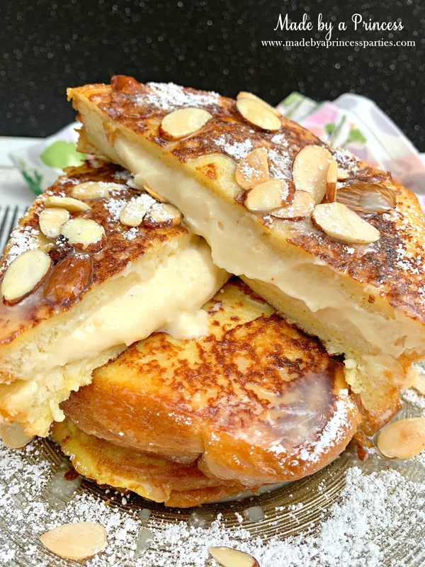 Marzipan stuffed french toast is delicious and decadent with Torani White Chocolate Sauce